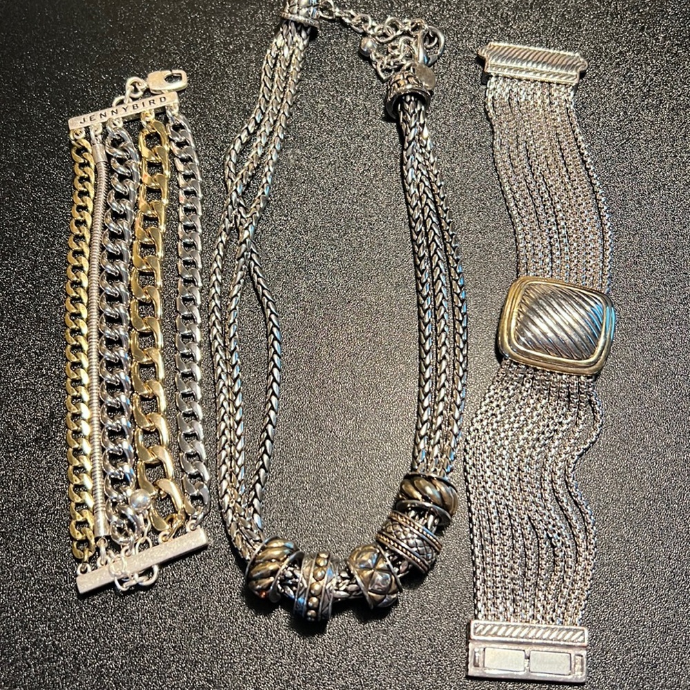 Set 3-2 bracelets and 1 necklace silver and gold toned.